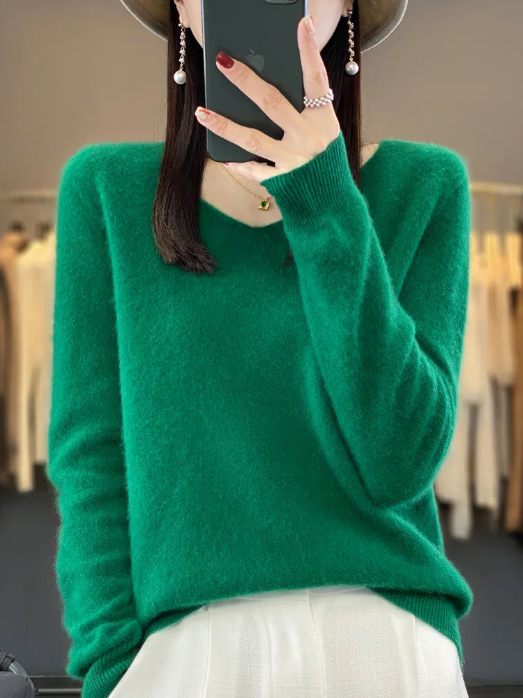 Fashion100% Merino Wool Sweater Cashmere Pullover Women Knitwear V-Neck Long Sleeve Autumn Winter Fashion Basic Clothing Tops - Smarsty