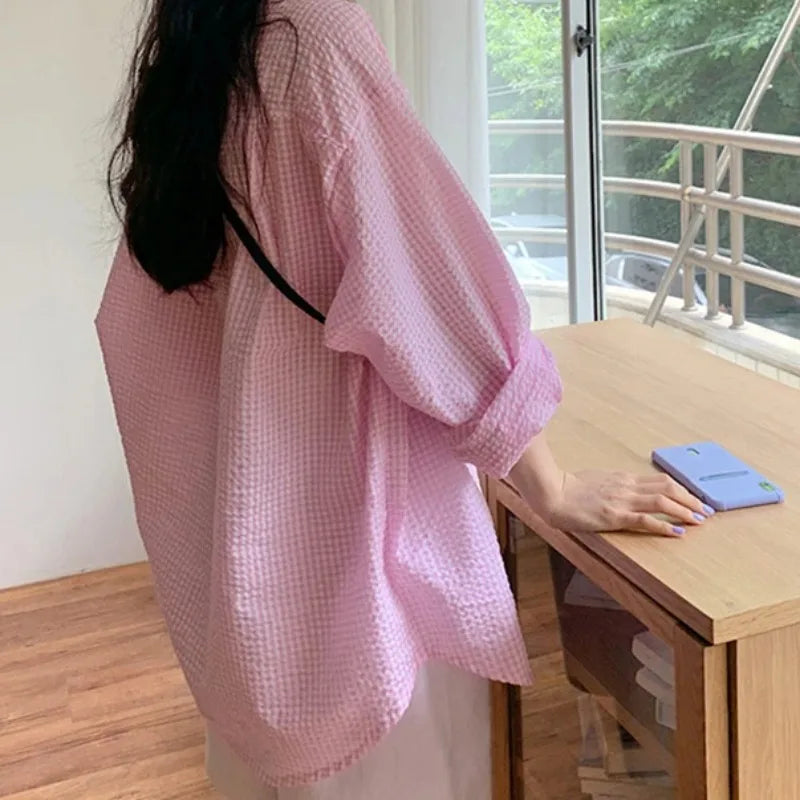 Korean Women's Shirt Sunscreen Long Sleeves Shirt Summer Women's Loose Casual Single Breasted Turndown Collar Plaid - Smarsty