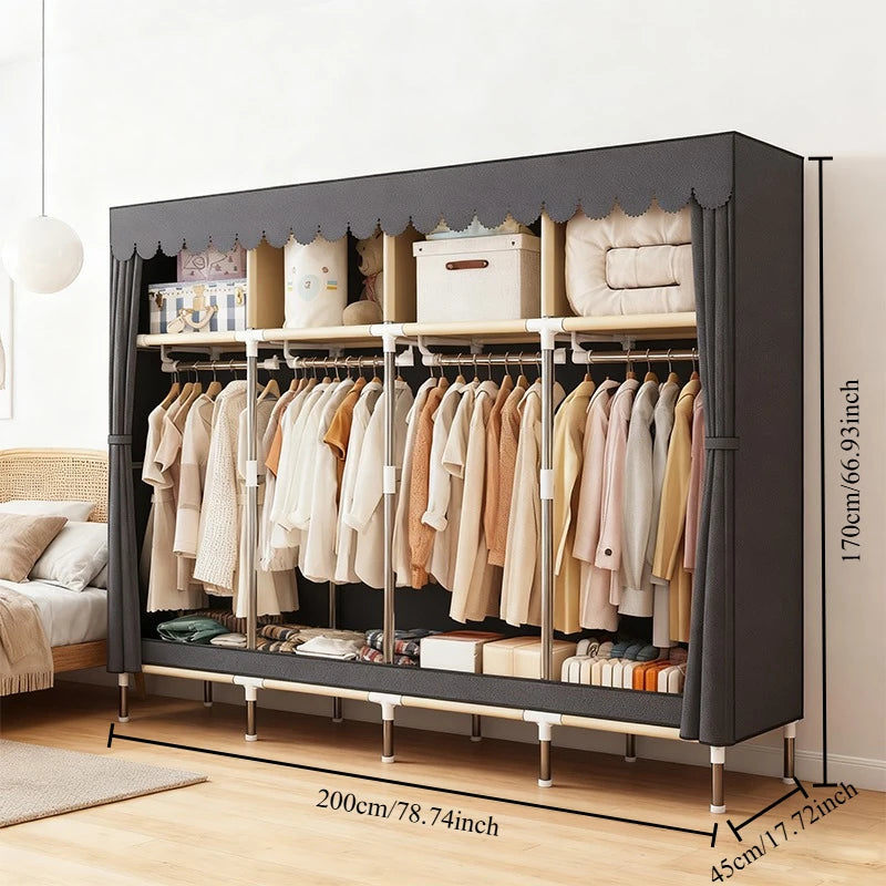Heavy Duty Fabric Wardrobe 78.7x17.7x66.9in - 4 Hanging Rods & 4 Storage Spaces, 16mm Metal Frame with Thick Dust Cover