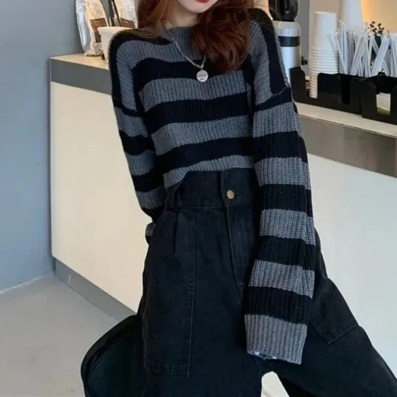 Korean Style Striped Cropped Sweater Women Vintage Oversize Knit Jumper Female Autumn Long Sleeve O-neck Pullovers Tops - Smarsty