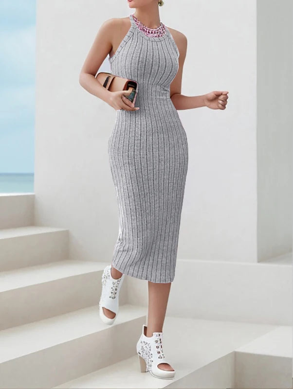 Solid Halter Neck Bodycon Midi Dress High-end temperament vest halter dress women's summer new high-waist slim temperament slim - Smarsty