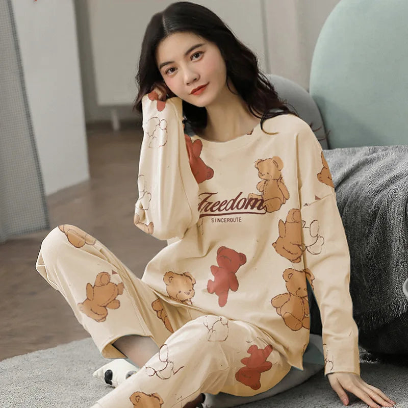 Spring and Autumn New Ladies Pajamas Homewear Set of Long-Sleeved Autumn and Winter Homewear Women Plus Size Pajamas Set - Smarsty