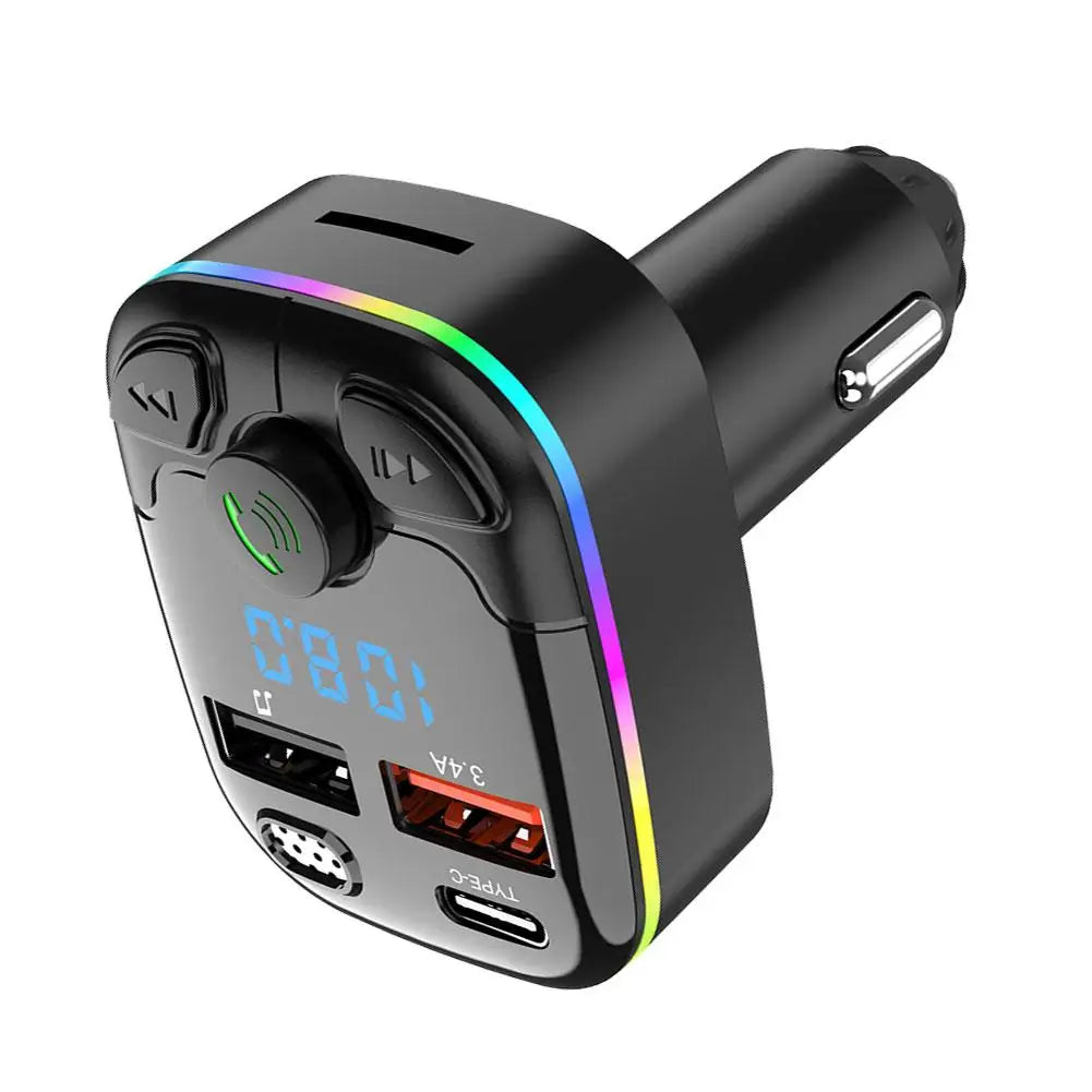 Bluetooth 5.0 Car FM Transmitter PD Type-C Dual USB Ambient Player Handsfree MP3 Charger Type-C Wireless Light PD QC3.0 Adapter - Smarsty