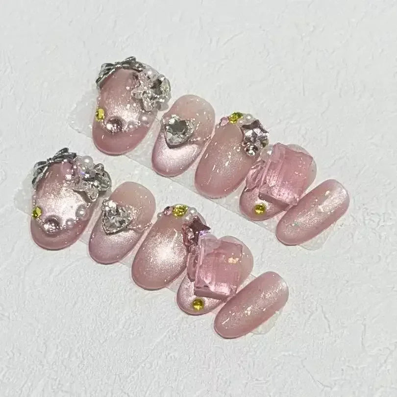 Handmade Pink Press On Nails with Rhinestones - Smarsty
