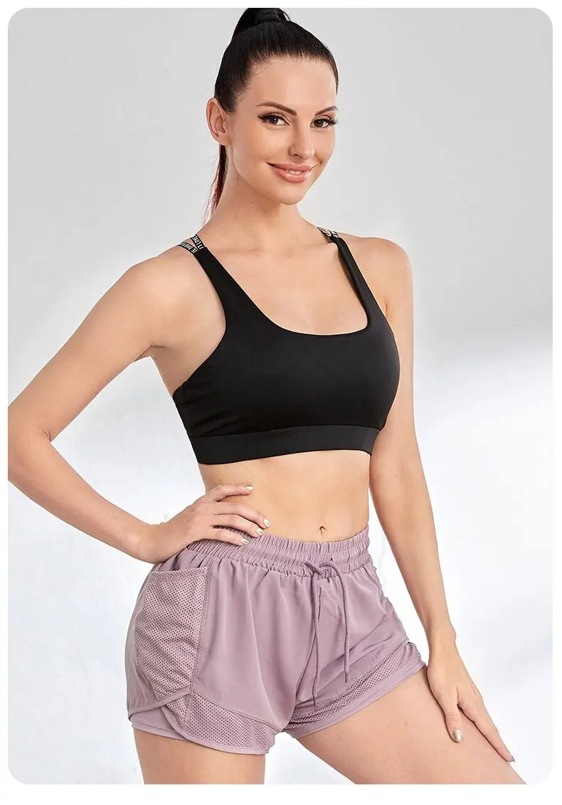 Women's Elastic Sports Shorts, Shorts With Pockets, Fake Two-Piece Yoga Leggings Running And Training - Smarsty