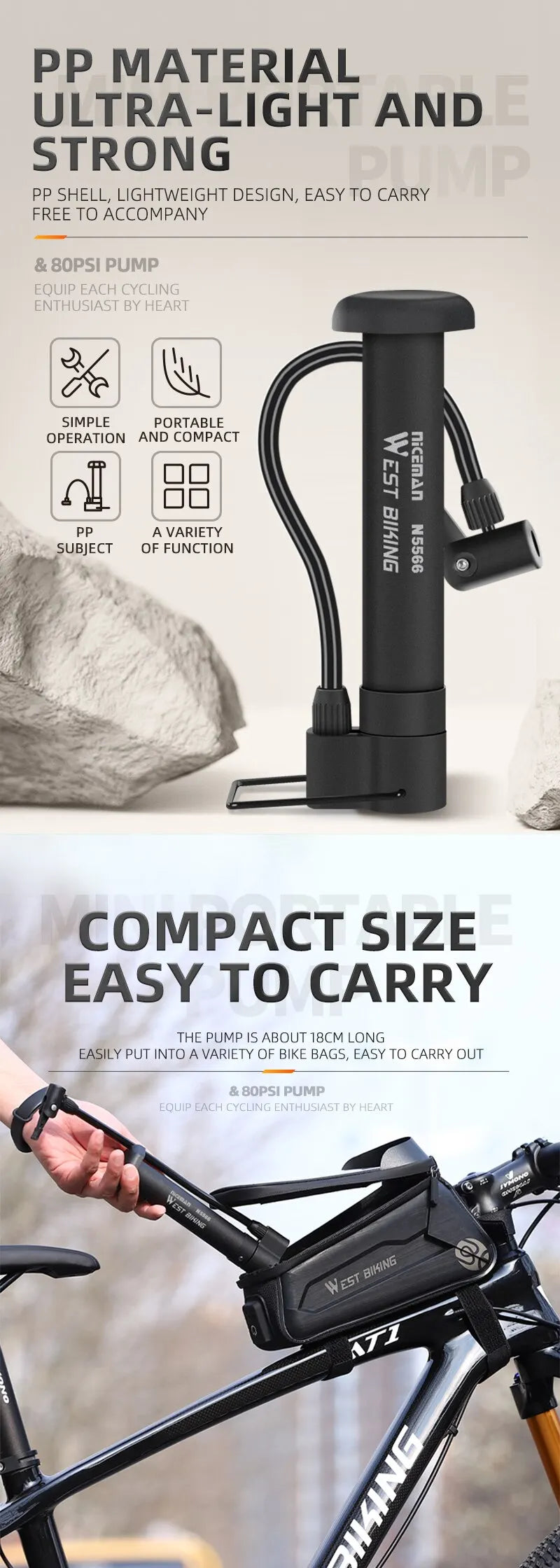 WEST BIKING MTB Bicycle Pump 80 PSI Bike Manual Air Pump Balloon Tire Inflator Schrader Valve Floor Pump Cycling Accesories - Smarsty