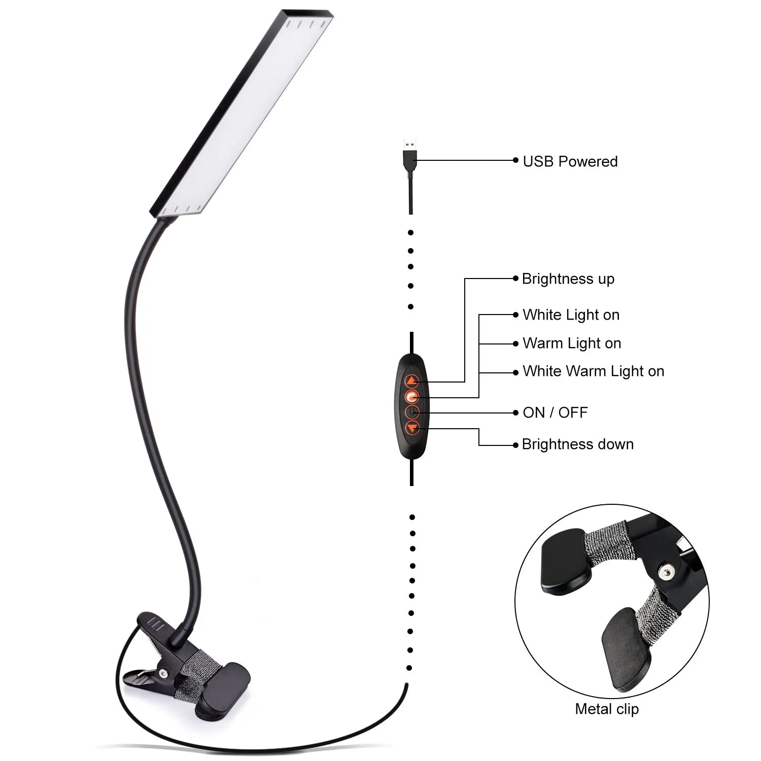5W LED Clip on Desk Lamp with 3 Modes 11 Brightness 2M Cable Dimmer 14 Levels Clamp Table Lamp
