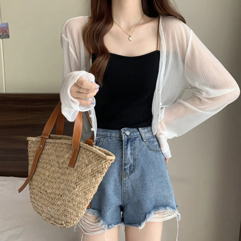 2025 Fairy Style Solid Cardigan Women Summer New Long Sleeve Sunscreen Sweet Beading V-neck Basics Loose Chiffon Cardigan - Smarsty