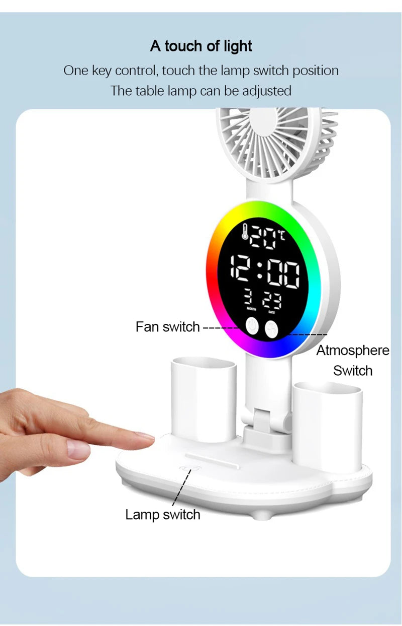 Rechargeable LED Table Lamp with Fan and Clock - Smarsty