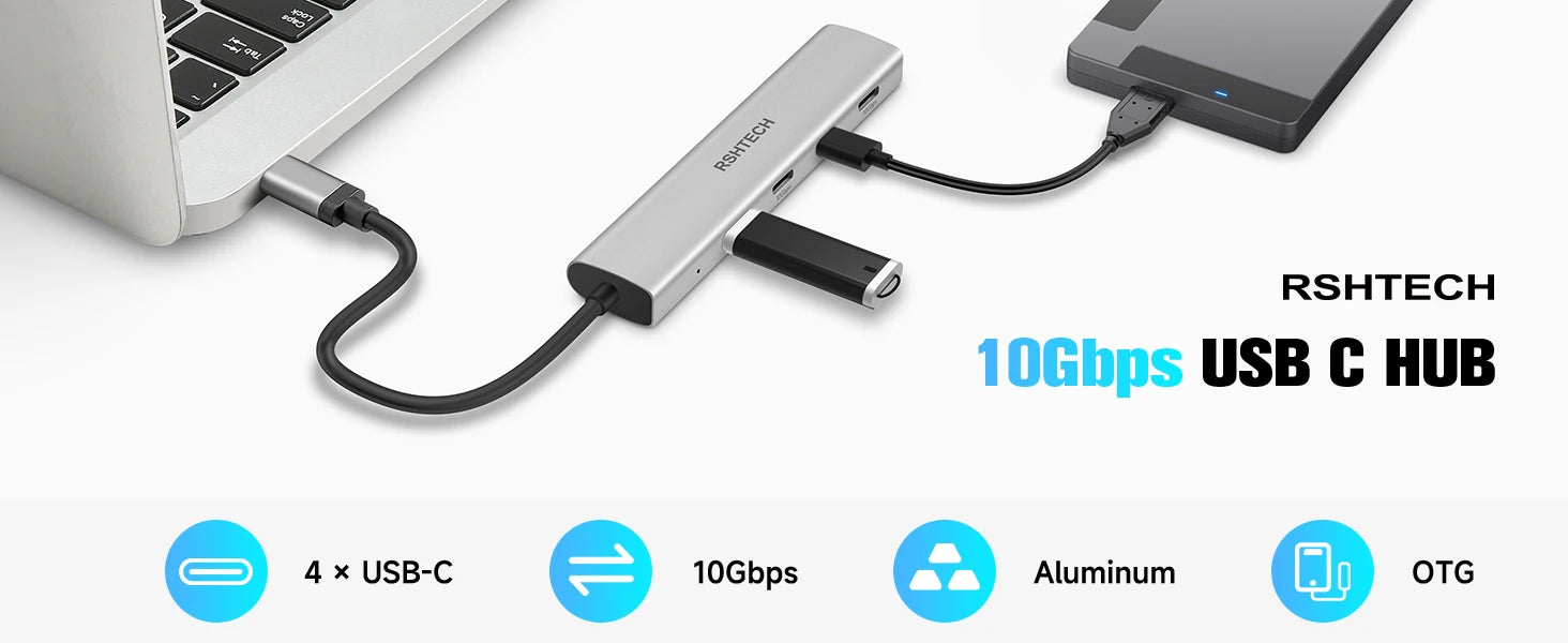 USB C Hub 4 Port Aluminum Gen2 Data Dongle Portable