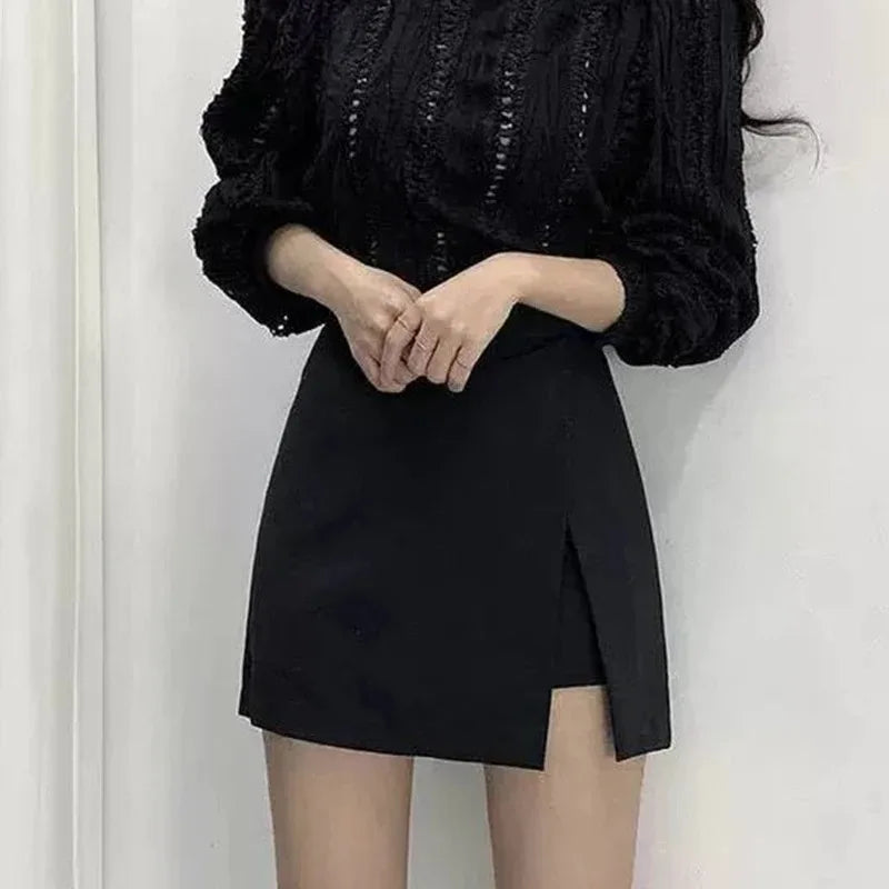 Black Mini Skirts Women Irregular Side Slits High Waist A Line Shorts Skirts Summer Korean Fashion Chic Hip Wrap Skirt Female - Smarsty