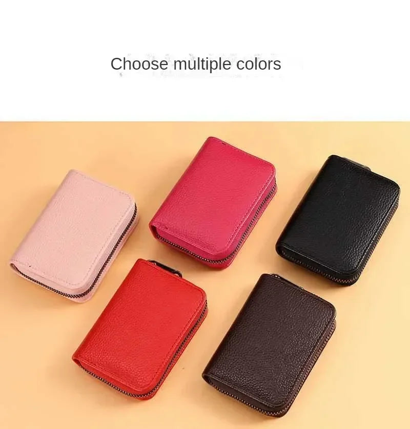 Multi Slot Card Holder Vintage Small Wallet Women Men Business Bank Credit Card Bag Male Coin Pouch Solid Leather Zipper Wallet - Smarsty
