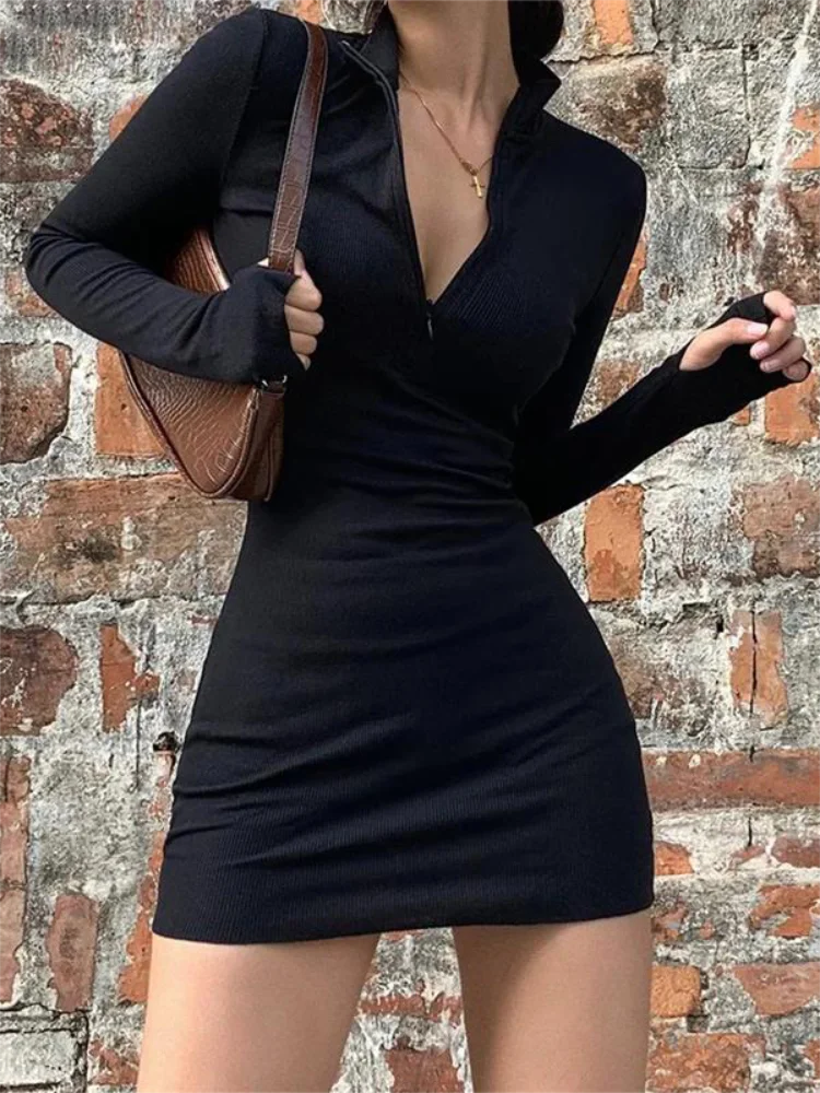 Long Sleeve Dresses for Women Black Sexy Club Bodycon Mini Dress Y2k High Waist Ladies Korean Short Dress Basic Autumn Winter - Smarsty