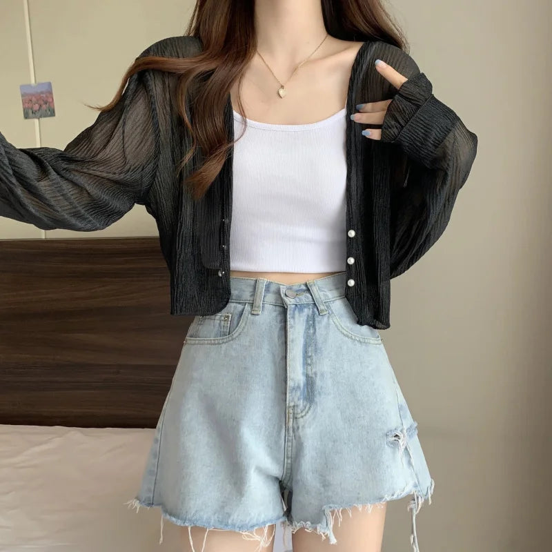 2025 Fairy Style Solid Cardigan Women Summer New Long Sleeve Sunscreen Sweet Beading V-neck Basics Loose Chiffon Cardigan - Smarsty