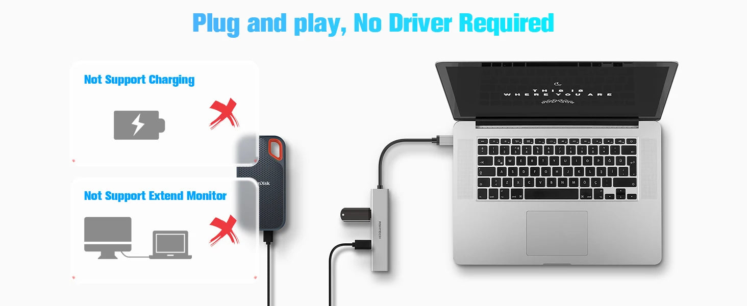 USB C Hub 4 Port Aluminum Gen2 Data Dongle Portable