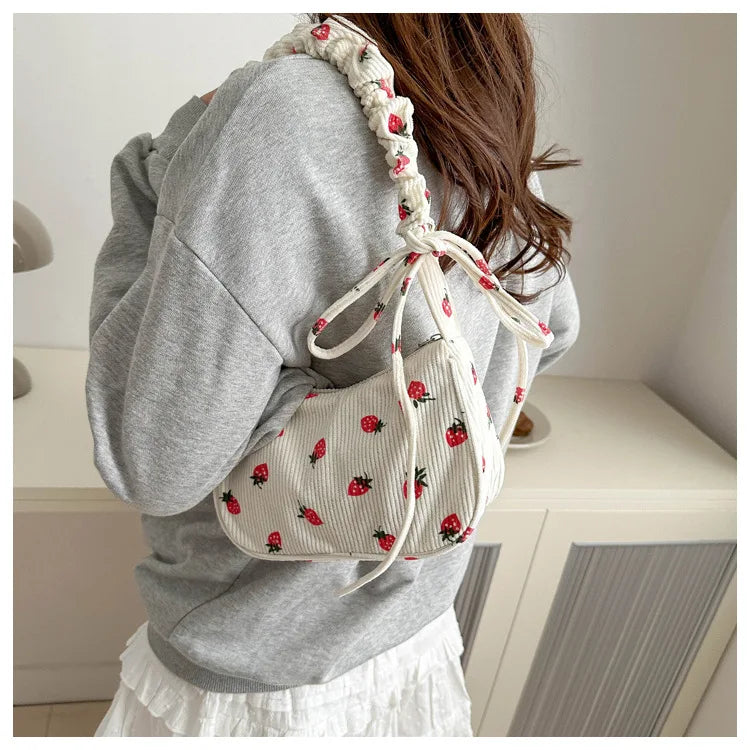 Corduroy Underarm Bag For Women Strawberry Print Mini Tote - Smarsty
