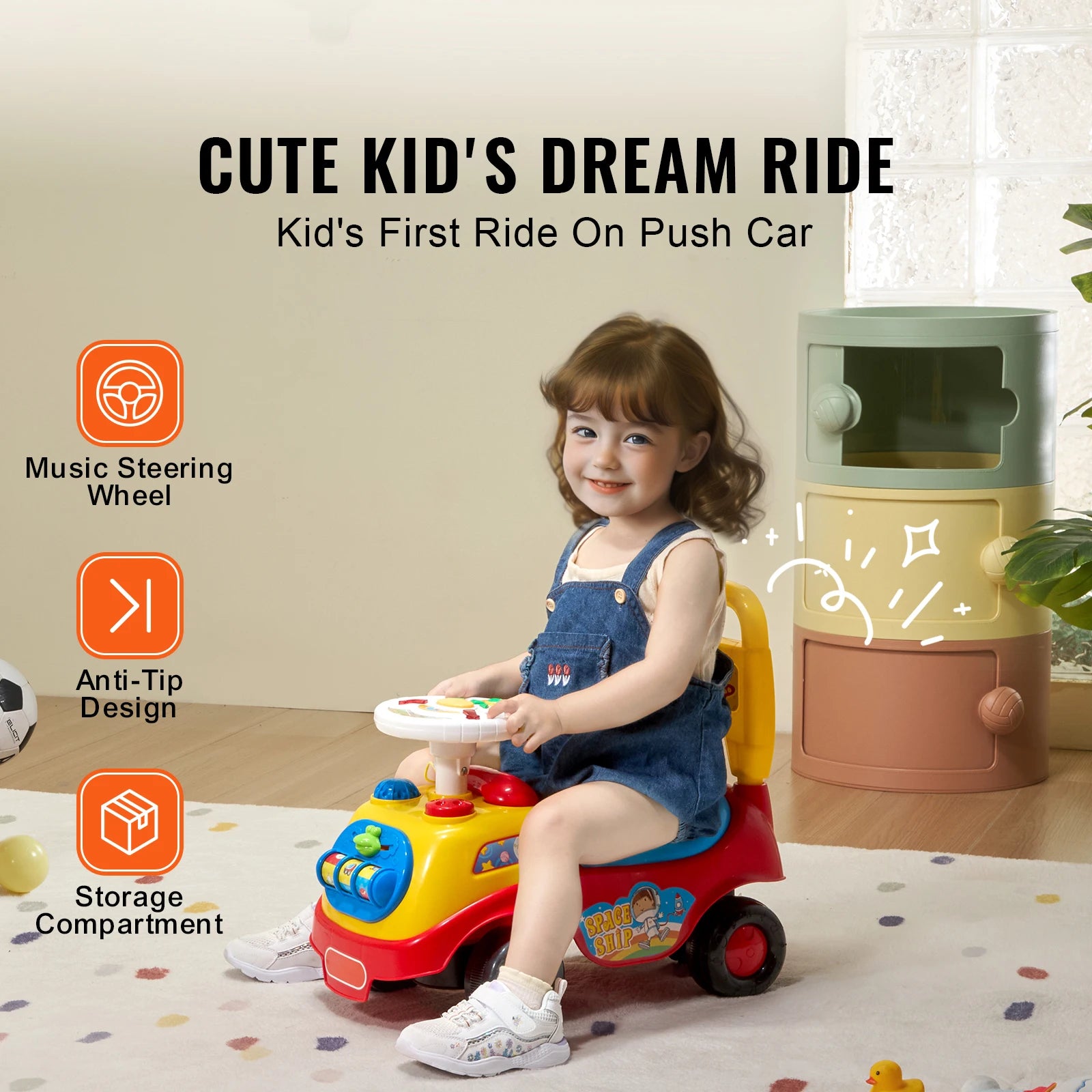 SucceBuy Toddler Ride On Push Car Sit to Stand Kids Ride On Toy Car with Music Steering Wheel Seat Storage for Toddlers - Smarsty