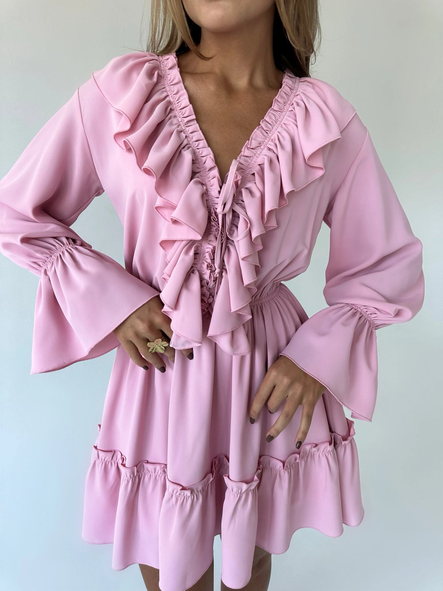 Tossy Ruffled V-Neck White Mini Dress Female Patchwork Long Sleeve Elegant Bandage Fashion Dress High Waist Lace-Up Women Dress - Smarsty