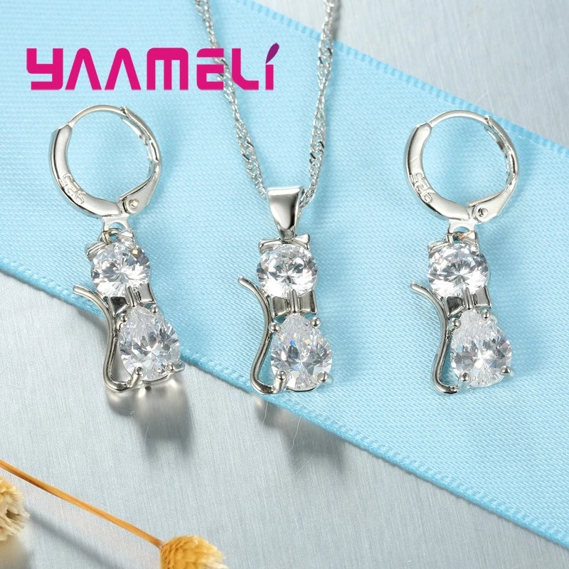 Real 925 Sterling Silver Cat Jewelry Set with Austrian Crystals - Smarsty