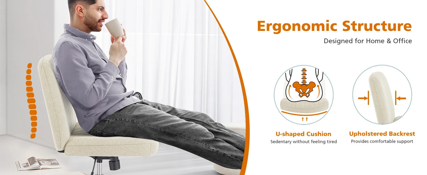 Cross Legged Office Living Room Rocking Gaming Chair Armless Wide Desk Adjustable Swivel Fabric Task Vanity Home Office