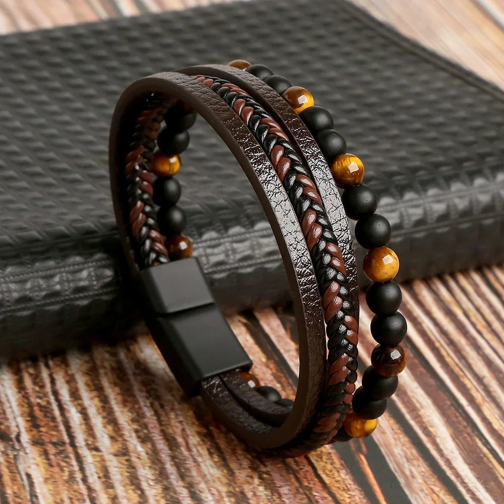 Men Leather Bracelet with Tiger Eye Beads Stylish Gift - Smarsty