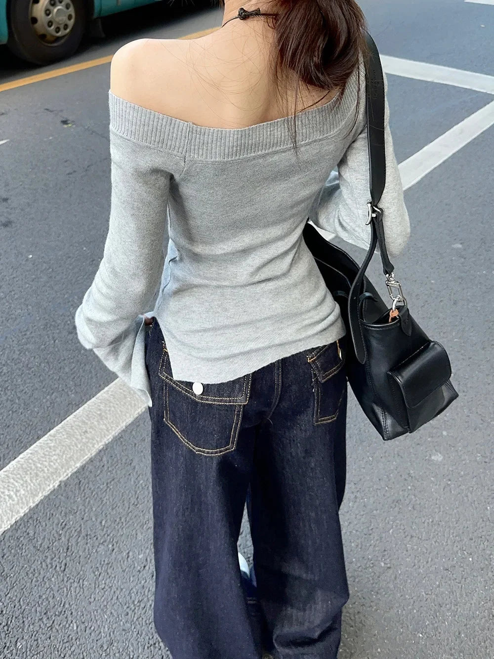 Sexy Pullovers Women Off Shoulder Cropped Knitted Basic Clothes Autumn All-match Side Slit Simple Tender Slim Gentle Seductive - Smarsty