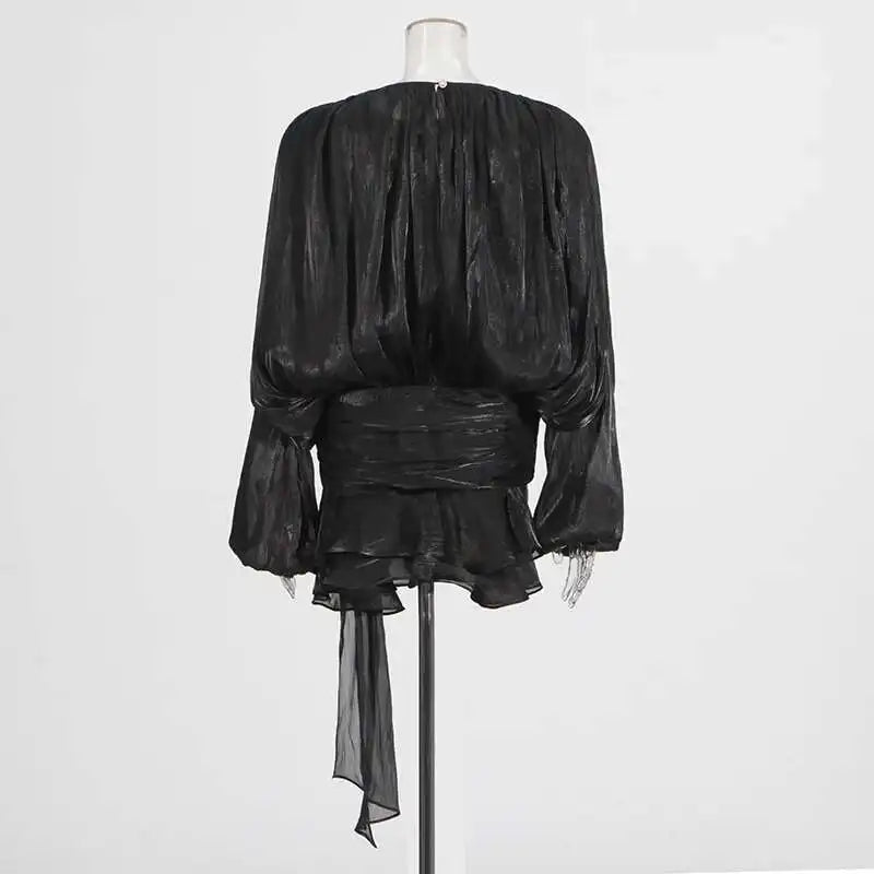 TWOTWINSTYLE Solid Blouse Mini Dresses For Women V Neck Long Sleeve Spliced Lace Up Sweet Style Dress Female Clothing Fashion - Smarsty