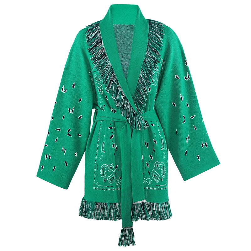 Tassel Patchwork Printed Cardigan Women Geometric Patterns Belts V-neck Long Sleeve Knitted Street Lady Sweater 2025 Autumn Coat - Smarsty