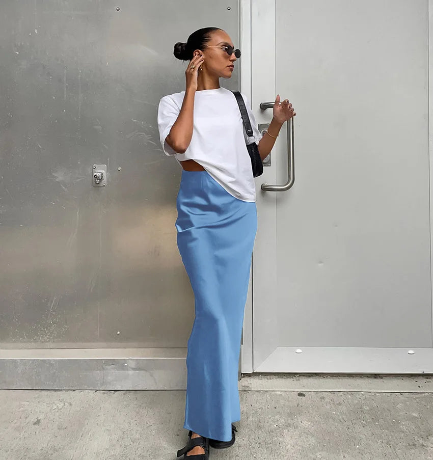 Elegant Satin Black Trumpet Skirts Fashion Slim High Waist Skirts Women Female Solid Office Long Skirt Spring Summer - Smarsty