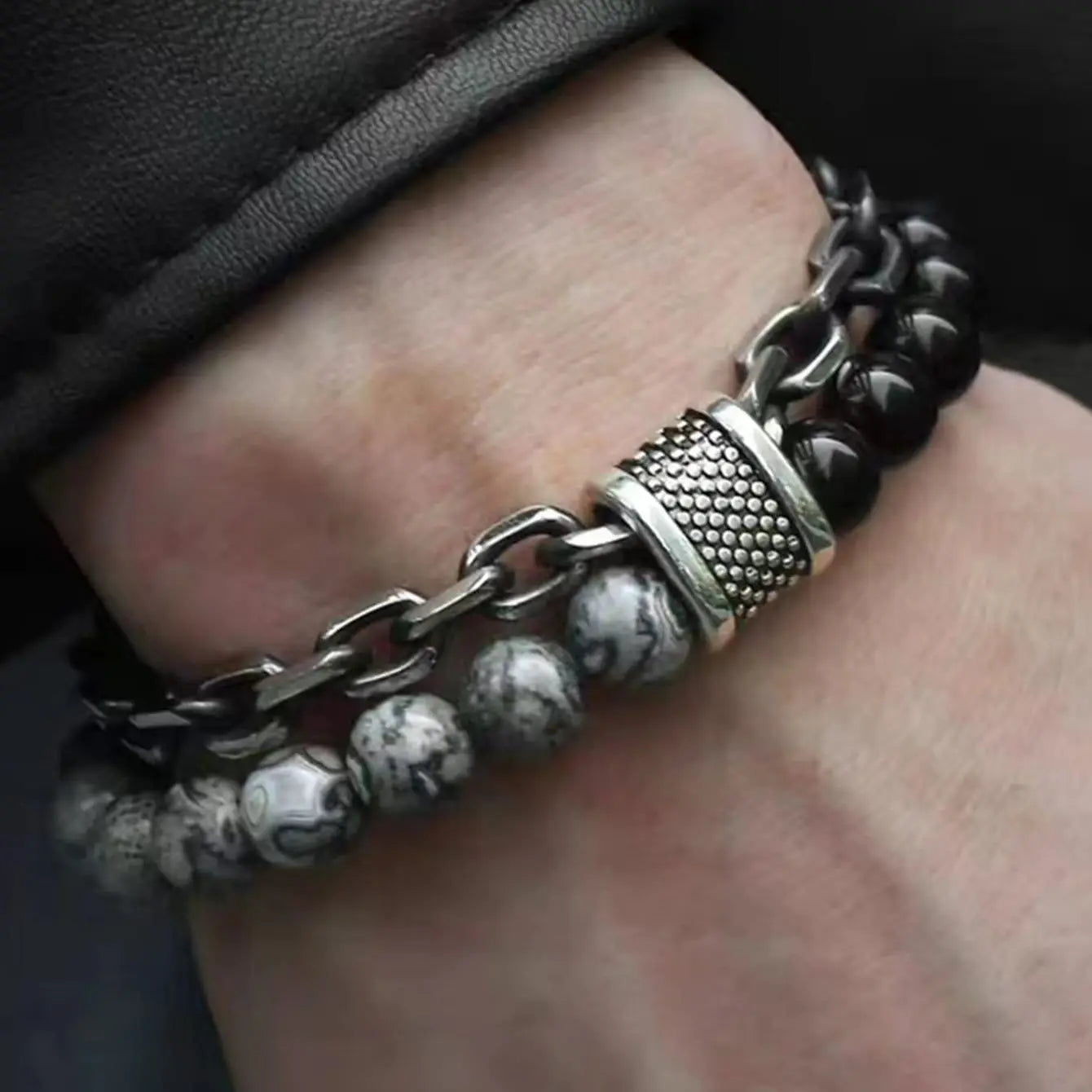 Punk Black Beaded Chain Bracelet for Men - Smarsty