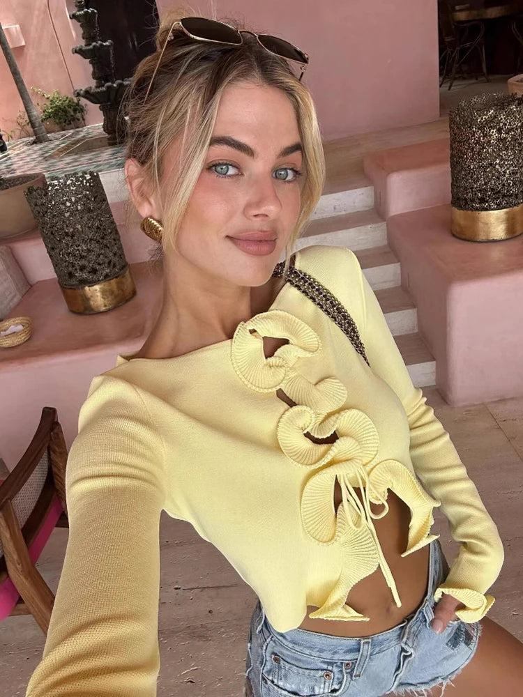 TARUXY 2025 New Fungus Long Sleeve Knitted Cardigan Female Contrast Color Splice Short Top Lace Up Bodycon Sweater Cardigan Lady - Smarsty