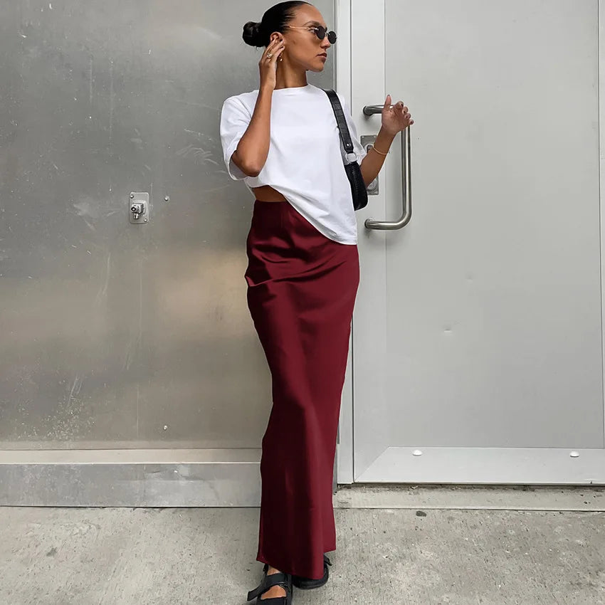 Elegant Satin Black Trumpet Skirts Fashion Slim High Waist Skirts Women Female Solid Office Long Skirt Spring Summer - Smarsty