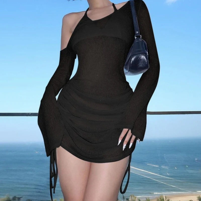 Dulzura Solid Skew Collar Ruched Straps Lace-Up See Through Draw String Mini Dress 2025 Summer Women Party Clubwear Wholesale - Smarsty