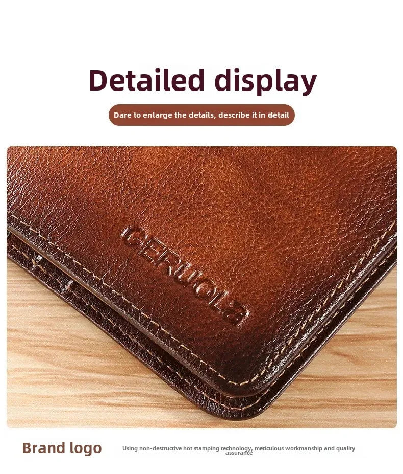 Men Wallet Genuine Leather Rfid Blocking Trifold Wallet Vintage Thin Short Multi Function ID Credit Card Holder Male Purse Money