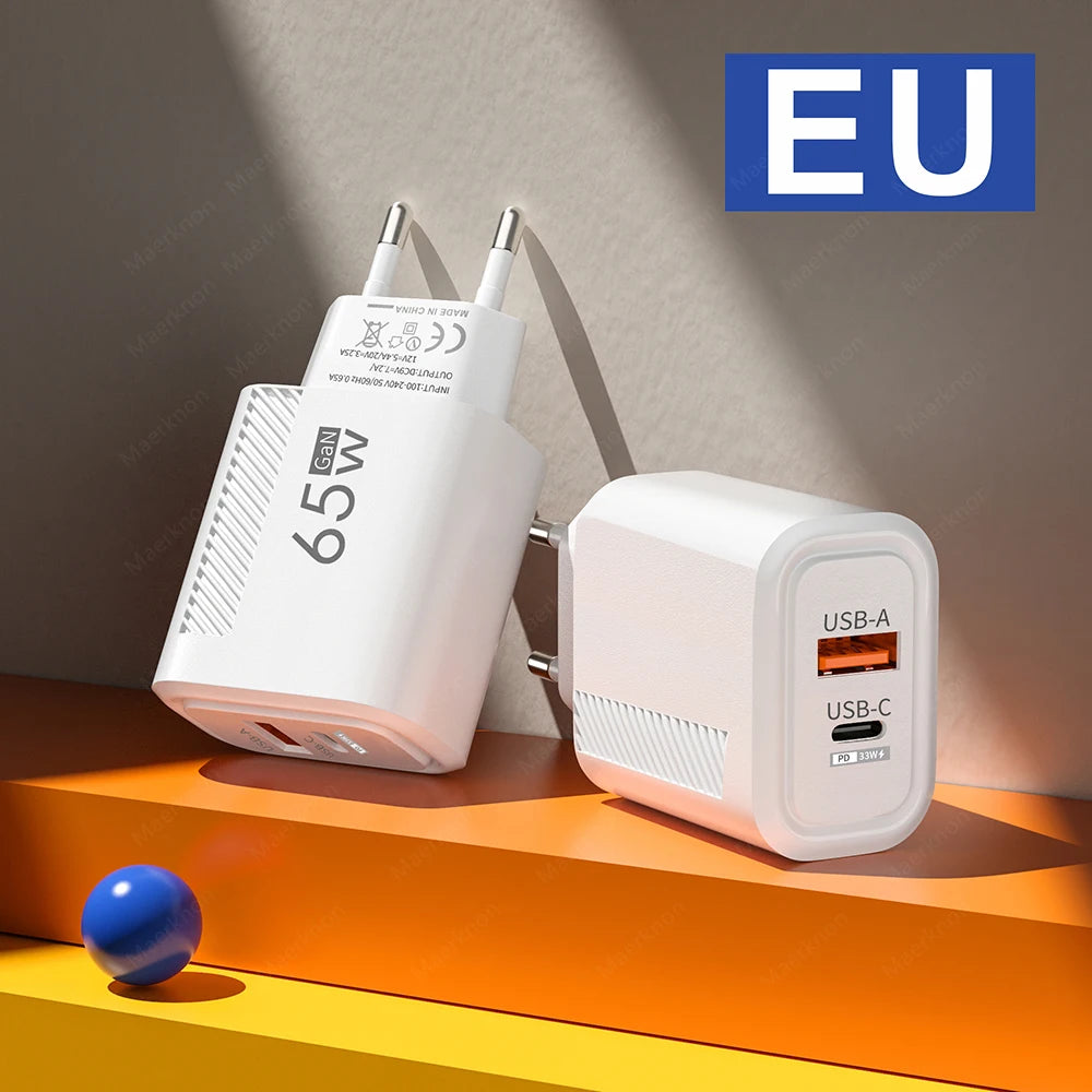 GaN USB C Charger 65W FastCharge EuropeanUnion US Plug - Smarsty