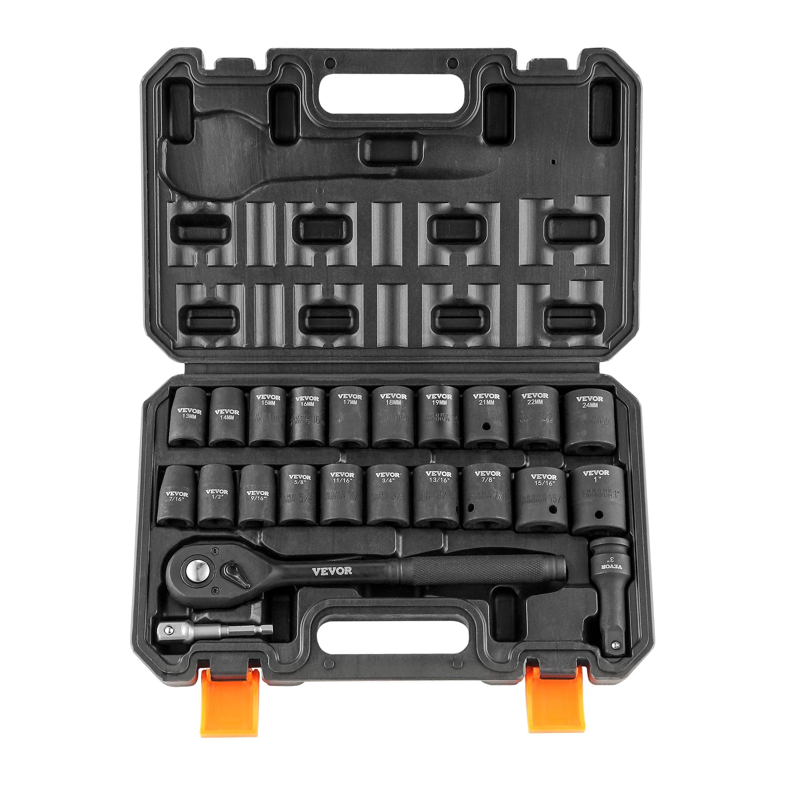 SucceBuy 23PCs 1/2" Drive Impact Socket Set Socket Set SAE (7/16" -1")& Metric (13-24mm) 6 Point Cr-V Alloy Steel Auto Repair