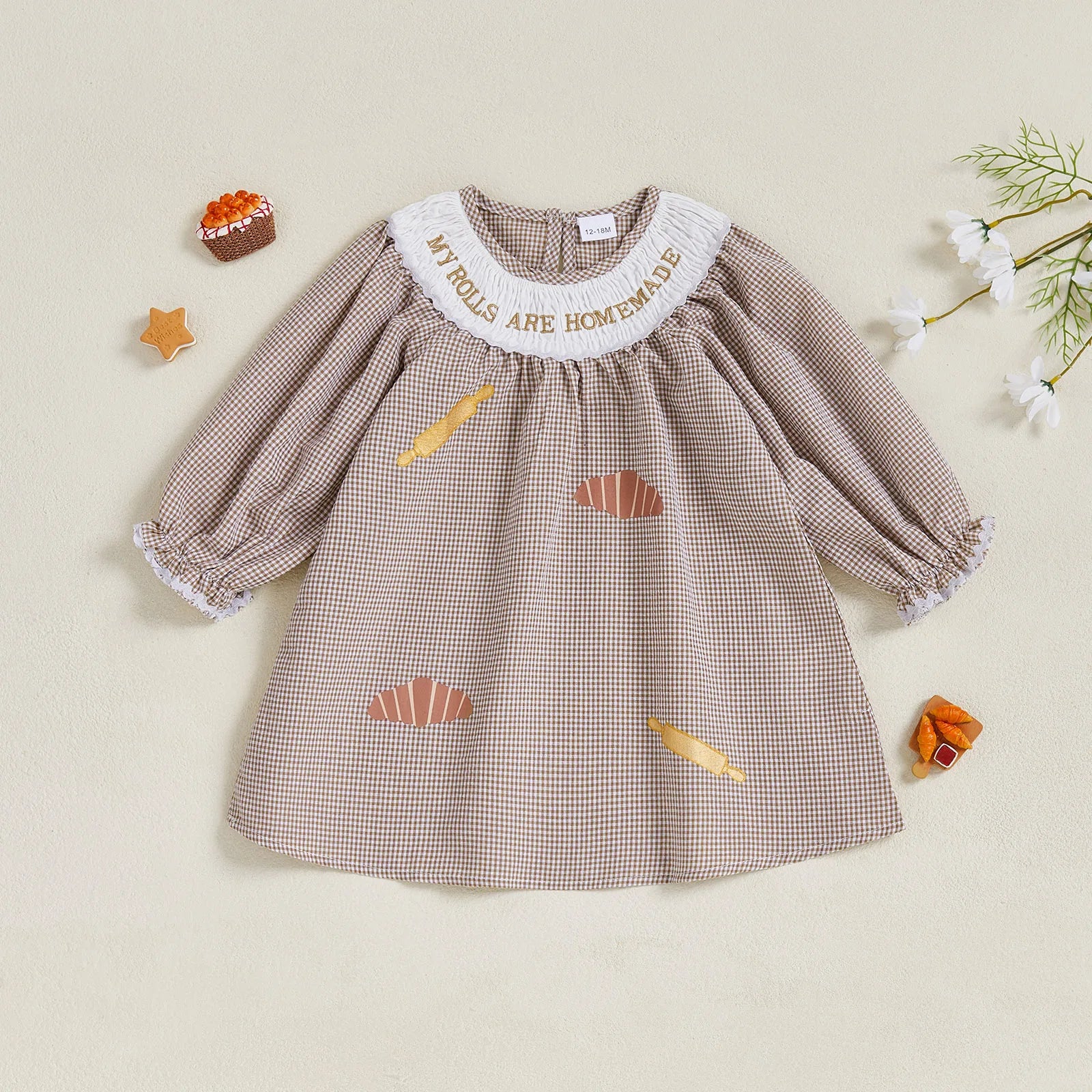 Thanksgiving Turkey Embroidered Plaid Dress with Peter Pan Collar and Long Sleeves for Girls - Festive Fall Outfit for Kids