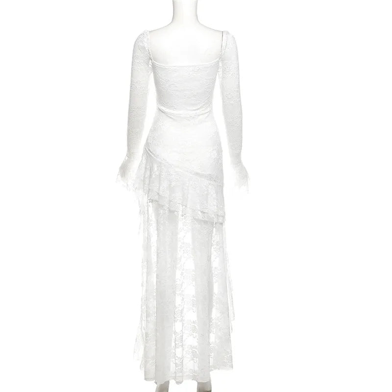 Goth Dark Fairycore Lace Flare Sleeve Square Neck A-line Dress Sweet E-girl Irregular Long Hem Dresses Cyber Y2K Party Vestido - Smarsty
