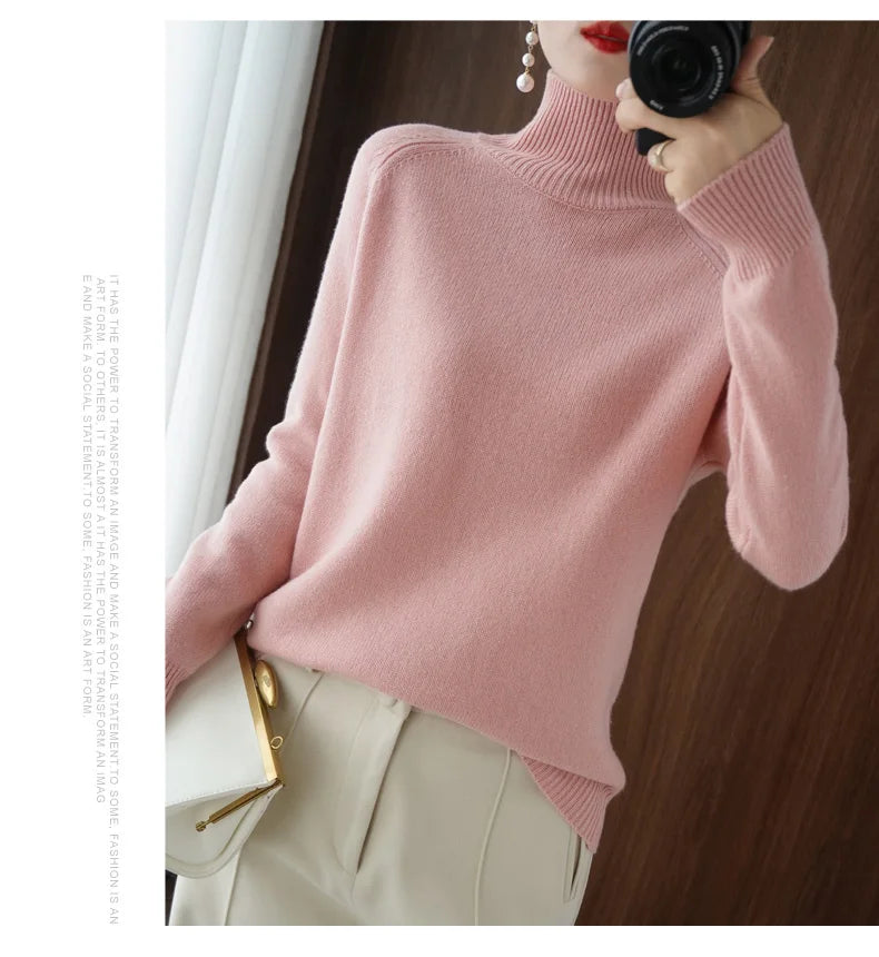 Fashion Basic Autumn Winter Merino Wool Sweater Mock Neck Cashmere Pullover Solid Color Soft Long Sleeve Clothing Tops - Smarsty