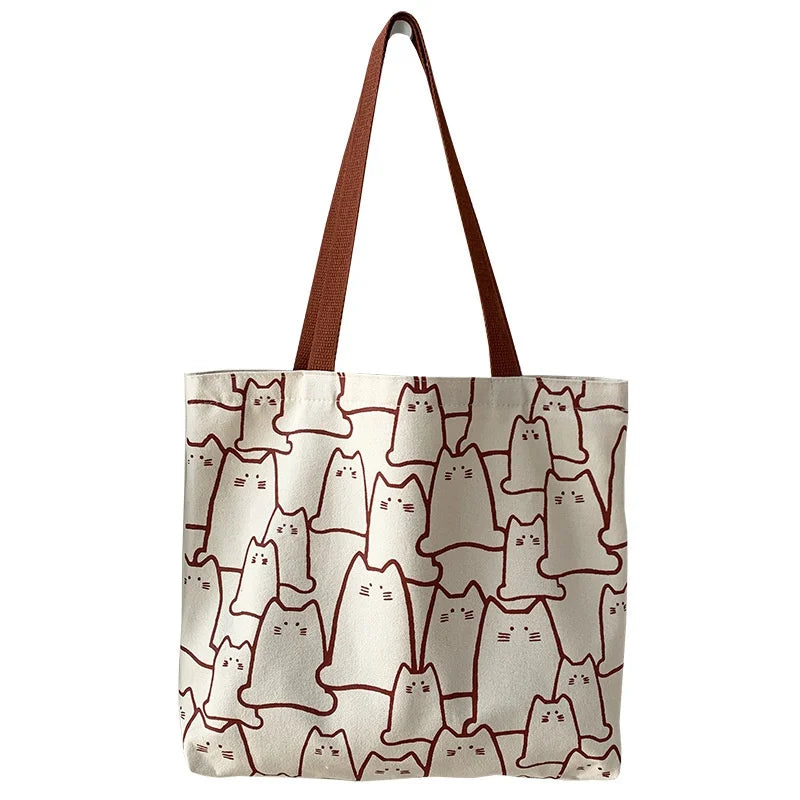 Canvas Cat Tote Bag For Women Zipper Shoulder Designer - Smarsty