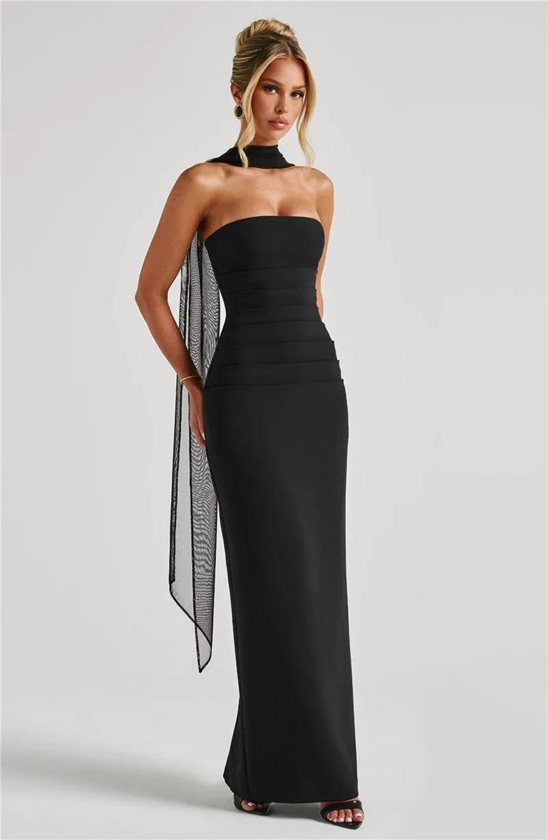Mozision Scarf Collar Strapless Sexy Maxi Dress For Women Fashion Off-shoulder Backless Bodycon Club Party Long Dress Elegant - Smarsty