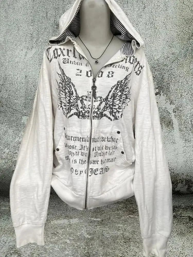 Vintage Sweatshirts 2025 Women's Clothes White Print Tunic Hooded Y2k Coat Streetwear Fashion Casual Hoodies Tops Ropa Mujer