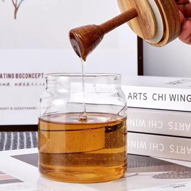 Honey Jar High Borosilicate Glass Sealed Tank Mixing Rod with Wooden Cover Transparent Honey Bottle Kitchen Storage Containers by Smarsty