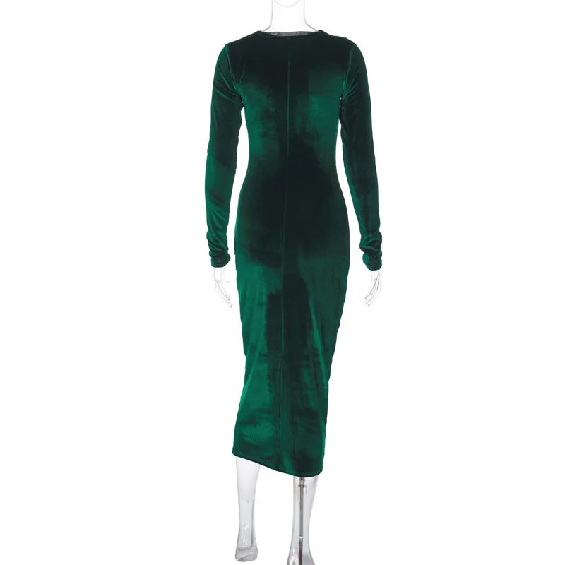 Dulzura 2024 Spring Summer Velvet Long Sleeve Midi Dress For Women Ruched Long Dress Elegant Party Clothes Evening Green Outfits - Smarsty