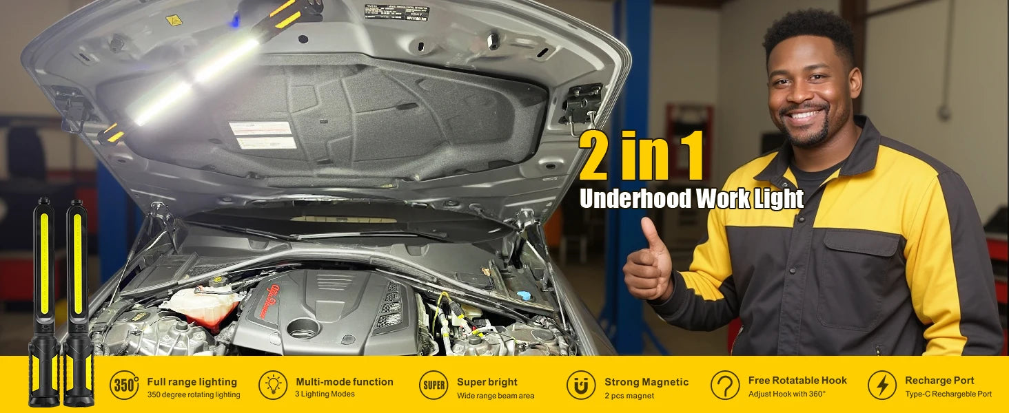 Dual Magnetic Work Lights 2 in 1, 2400LM Rechargeable Underhood Light,360° Rotation with Hooks for Car Repair, Garage, Emergency