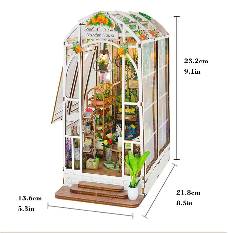 Wooden Flower Garden Doll House DIY Garden House Book Nook Shelf Insert 3D Puzzle Assembly Building Bookshelf With LED Lights