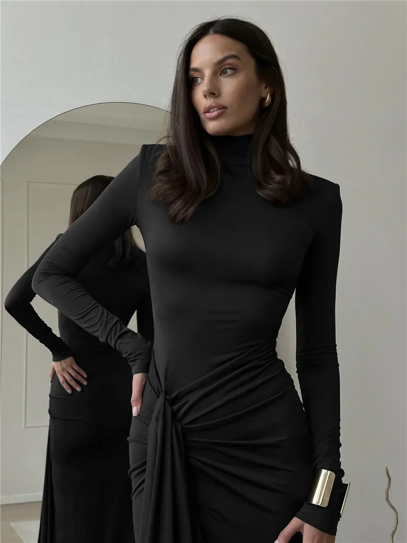 Mozision Turtleneck Thigh High Split Sexy Maxi Dress For Women Fashion Long Sleeve Draped Bandage Bodycon Club Long Dress - Smarsty