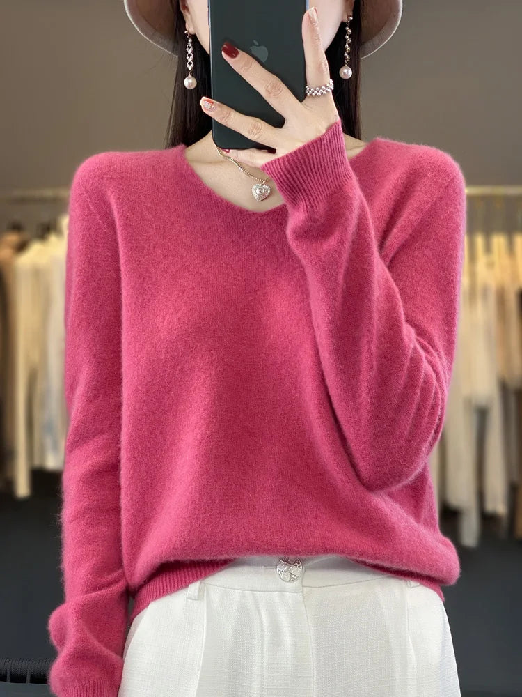 Fashion100% Merino Wool Sweater Cashmere Pullover Women Knitwear V-Neck Long Sleeve Autumn Winter Fashion Basic Clothing Tops - Smarsty