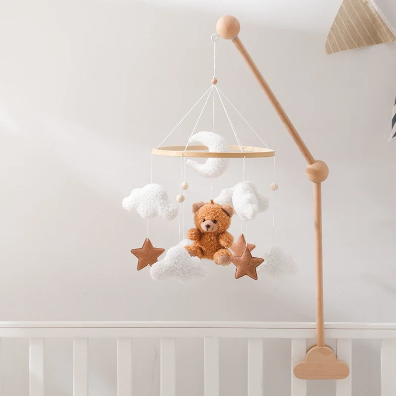 Wooden Crib Mobile Baby Bed Bell Rattle Toy Soft Felt Cartoon Bear Mobile Hanging Newborn Music Box Bed Bell Hanging Bracket Toy by Smarsty