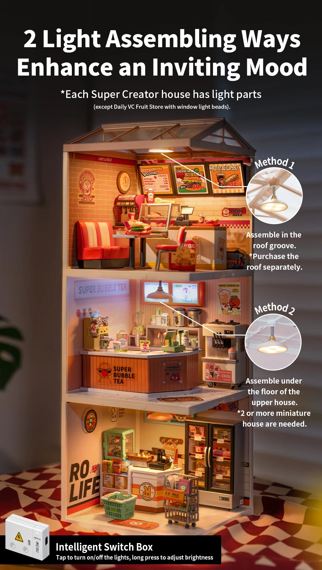 Robotime Rolife Super Creator Series Plastic Dollhouse Building Blocks for Kids Yum Burgers Leisurely Cheers Bar Sweet Sips Tea